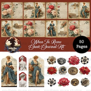 Può includere: Un kit di diario digitale spazzatura intitolato "When In Rome" con illustrazioni in stile vintage. Il kit include pagine con immagini di rose, architettura romana e una donna in abito blu. Elementi aggiuntivi includono fiori di carta e monete antiche.
