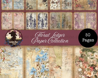 Floral Junk Journal Paper, Vintage Ledger, 50 Pages Digital, Instant Download, Scrapbooking Supplies, Collage Sheets, Art Printable, grungy