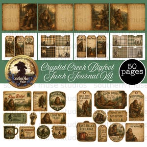 May include: A digital junk journal kit with a Bigfoot theme. The kit includes various ephemera such as tags, journal pages, and labels. The color palette is earthy tones with illustrations of Bigfoot in various settings. The kit is titled "Cryptid Creek Bigfoot Junk Journal Kit" and has 50 pages.