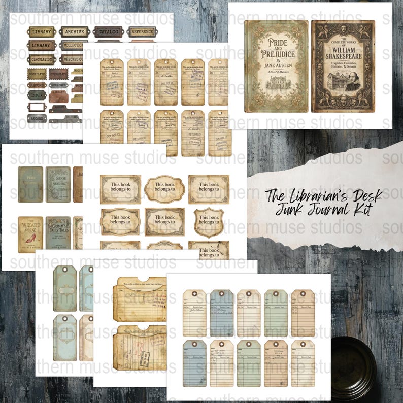 Vintage Library Junk Journal Kit, Printable Ephemera, Pride and Prejudice, Shakespeare, Book Lover Gift, Craft Supplies, Digital Download