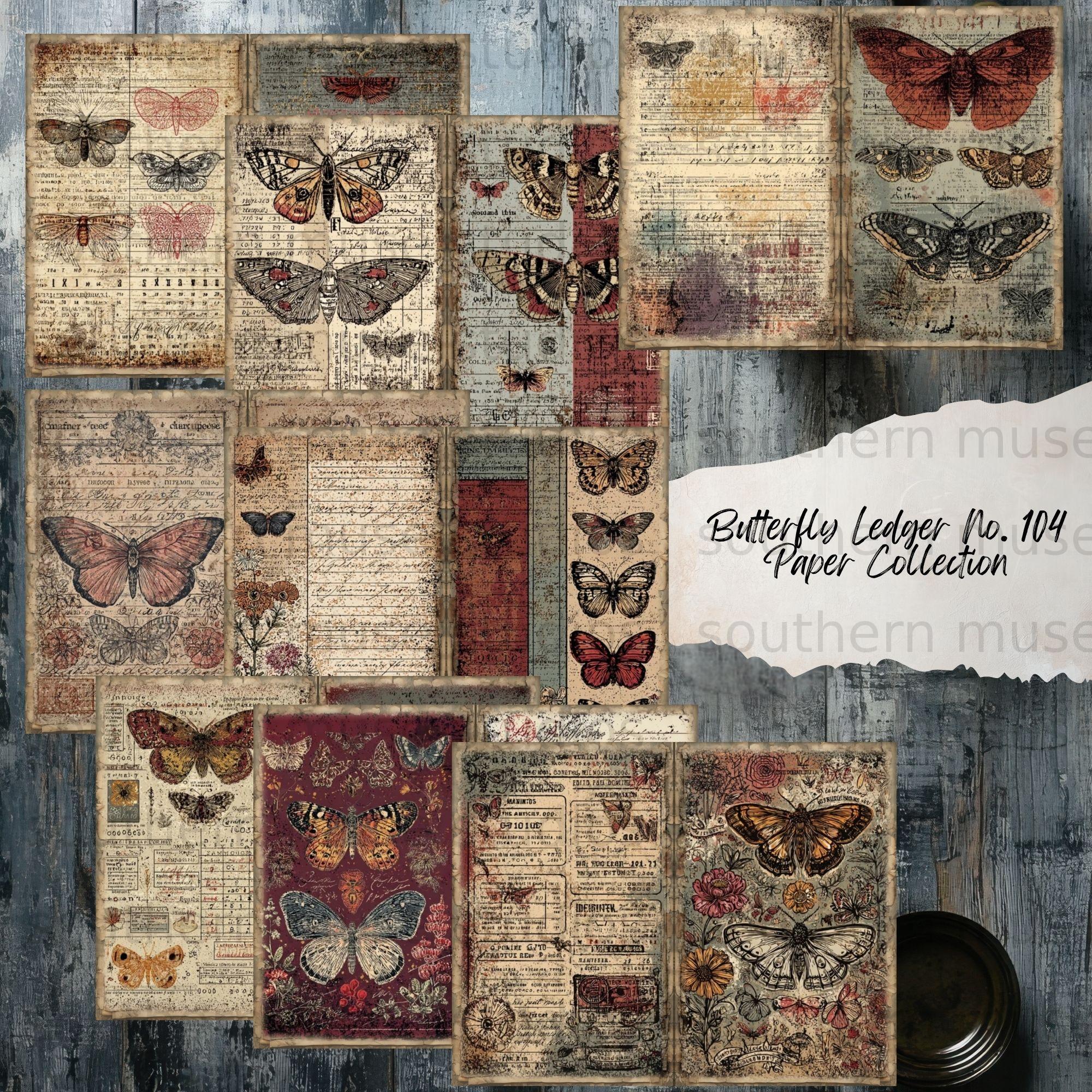 50 Junk Journal Digital Papers, Vintage Butterfly Ledger Pages, Grungy ...