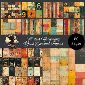 Può includere: Una collezione di 50 pagine di "Timeless Typography Junk Journal Papers" con un'estetica vintage. Le carte presentano una varietà di trame, colori e motivi, tra cui numeri, righelli e superfici invecchiate. La tavolozza dei colori include sfumature di marrone, arancione e blu.