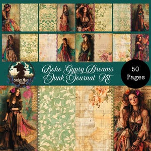 Può includere: Un kit di diario digitale spazzatura intitolato "Boho Gypsy Dreams" con 50 pagine. L'immagine presenta un collage di sfondi in stile vintage, disegni floreali e ritratti di donne in abiti bohémien. È visibile anche il logo di Southern Muse Studios.