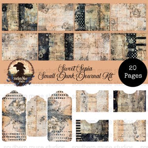 Kit numérique de journal indésirable sépia, créations en papier, embellissements imprimables, étiquettes, pochettes, journal artistique, feuille de collage, vintage