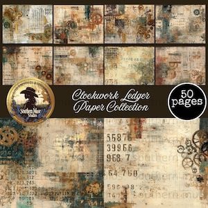May include: A collection of 50 pages of clockwork ledger paper with a vintage aesthetic. The design features gears, numbers, and text in shades of brown, beige, and teal. The Southern Muse Studios logo is also visible.