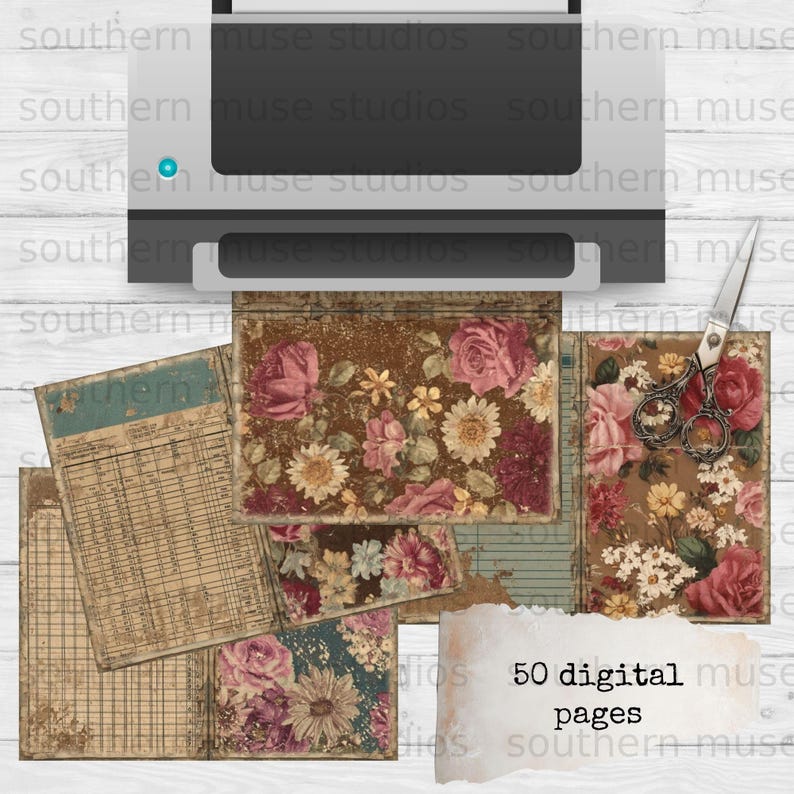 Vintage Roses Junk Journal Digital Paper, Shabby Chic Floral Scrapbook ...