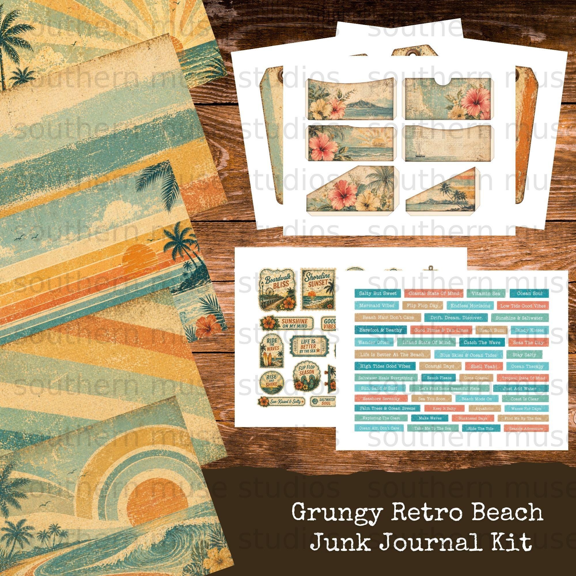 50 Grungy Retro Beach Junk Journal Digital Kit | Vintage Tropical Paper ...
