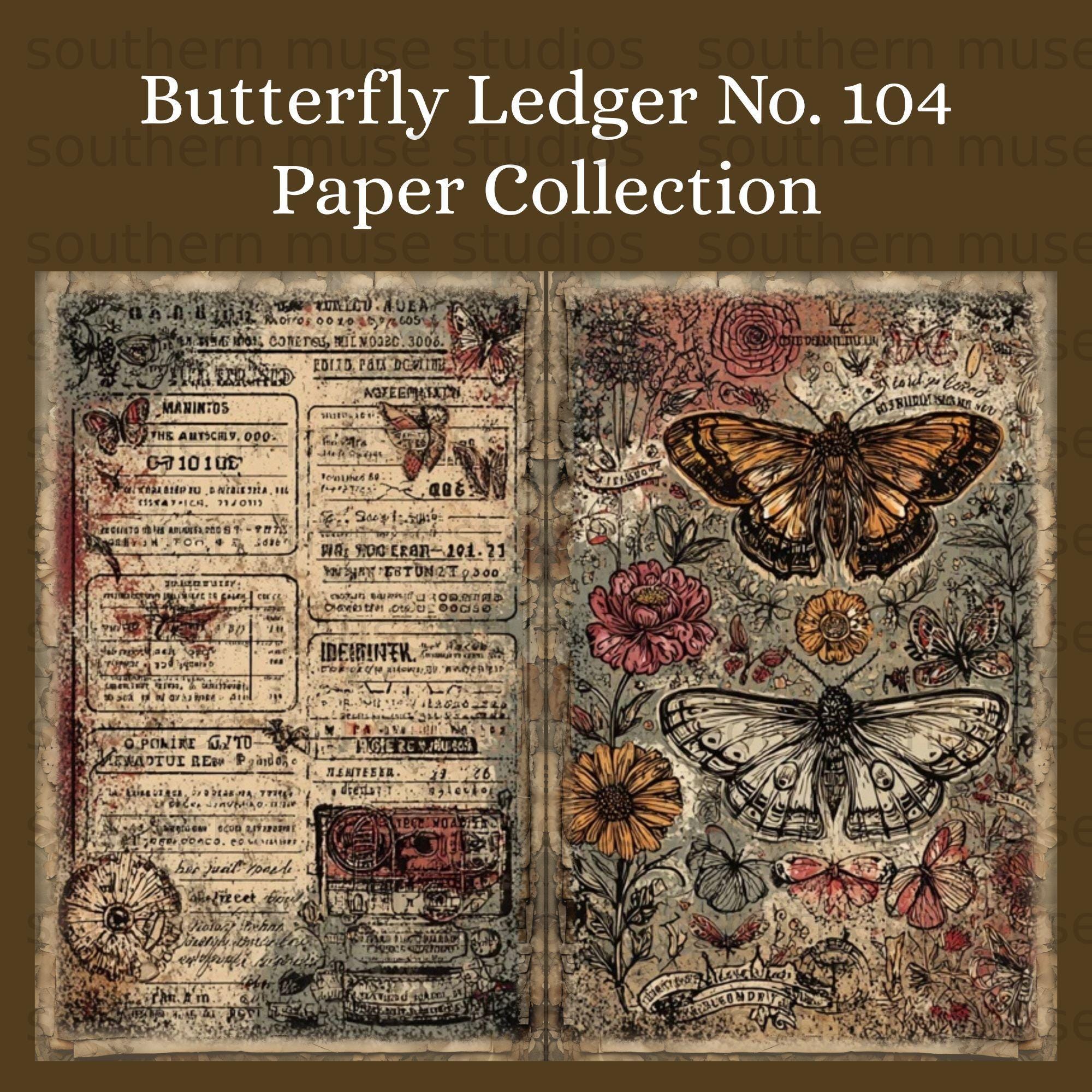 50 Junk Journal Digital Papers, Vintage Butterfly Ledger Pages, Grungy ...