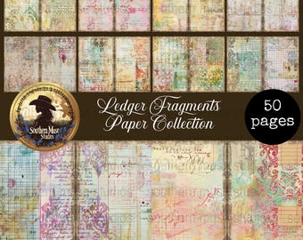 Digital Junk Journal Paper, Ledger Ephemera, Collage Sheets, Scrapbook Pages, Printable Backgrounds, Vintage Texture, Instant Download, 50