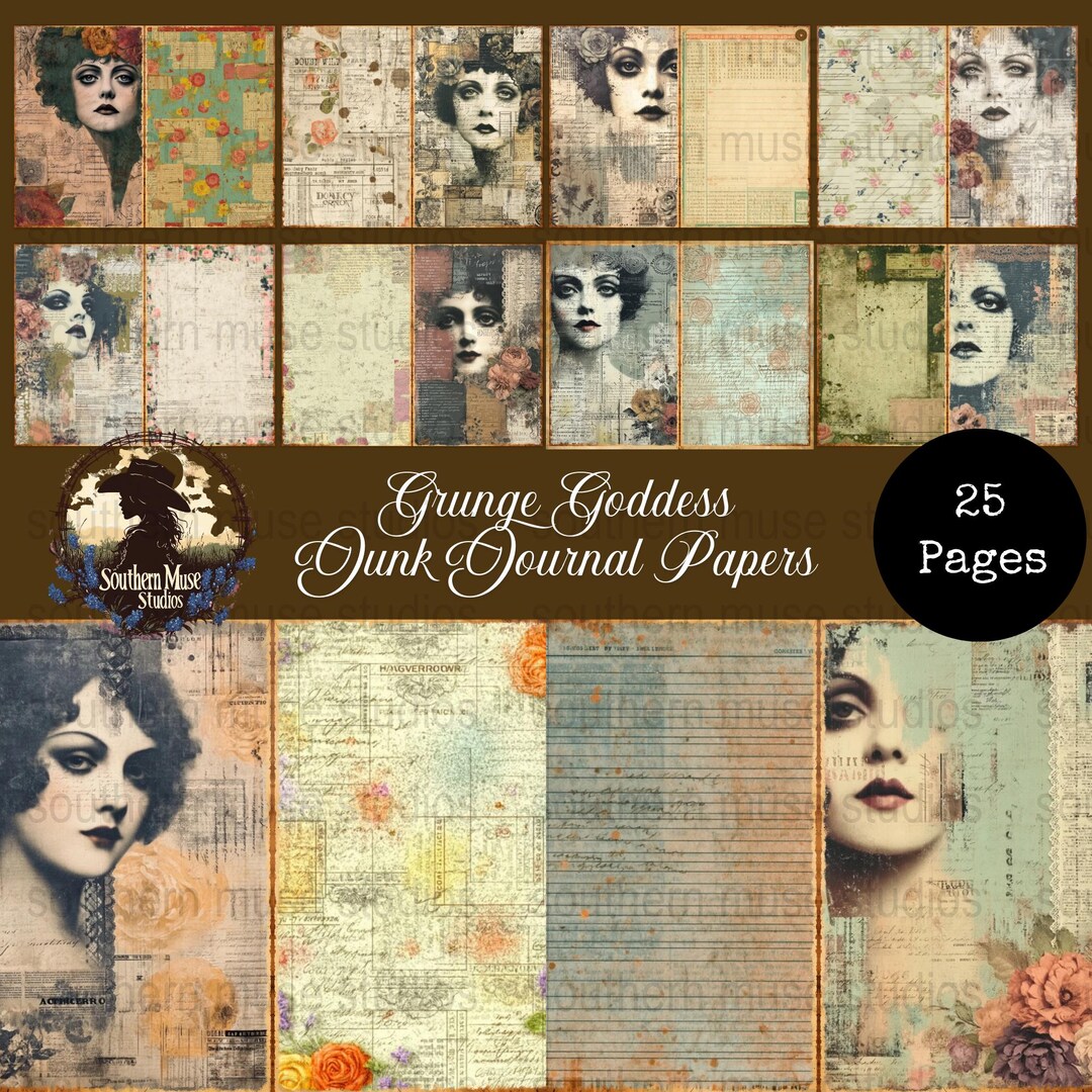 Grunge Goddess Digital Papers, Junk Journal Pages, 25 PDF, Printable ...