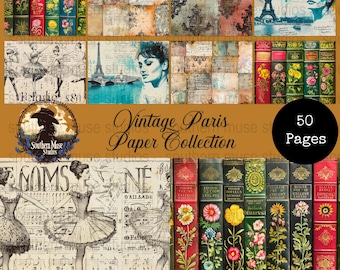 Vintage Paris Paper Collection, Eiffel Tower, Ballerina Scrapbook, Digital Paper Pack, Floral Antique Books, 50 Page Collage Kit