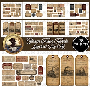 Könnte beinhalten: Eine Sammlung von Fahrkarten und Gepäckanhängern im Vintage-Stil. Das Design zeigt Sepiatöne, gealterte Papiertapeten und Illustrationen von Zügen. Der Text "Steam Train Tickets Layered Tag Kit" ist zu sehen, zusammen mit der Angabe "25 pages".