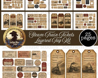 May include: A collection of vintage-style steam train tickets and luggage tags. The design features sepia tones, aged paper textures, and illustrations of trains. The text "Steam Train Tickets Layered Tag Kit" is displayed, along with the number "25 pages".