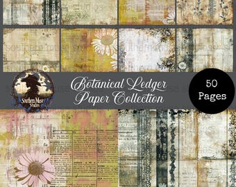 May include: A collection of 50 pages of botanical ledger paper. The design features a vintage aesthetic with floral and lace accents, and text overlays. The color palette includes beige, yellow, and touches of pink and green.