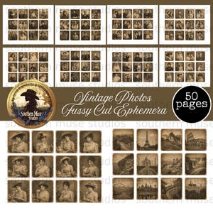 Pode incluir: Uma coleção de efêmeros de estilo vintage com 50 páginas de fotografias em tom sépia. As imagens incluem retratos de indivíduos, grupos e vários marcos históricos, apresentados em uma grade com o texto Vintage Photos Fussy Cut Ephemera.