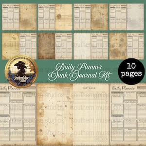May include: A digital junk journal kit with 10 pages. The kit includes daily planner pages with a vintage aesthetic, featuring sections for scheduling, notes, and tracking. The design incorporates aged paper textures and a rustic color palette.