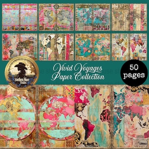 May include: A collection of 50 pages of vintage-style paper with world map designs. The paper features a collage of colors including pink, teal, and gold, with a distressed, aged appearance. The text "Vivid Voyages Paper Collection" is also visible.