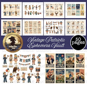 May include: A collection of 50 pages of vintage patriotic ephemera featuring illustrations of children, eagles, flags, and historical figures. The set includes various cards, tickets, and posters with themes of American freedom, liberty, and national pride.