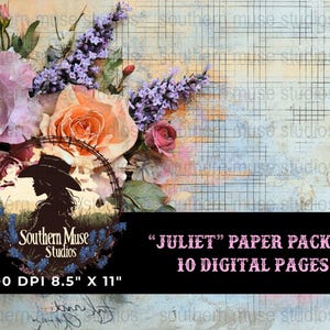 Juliet Paper Pack 2 Digital Papers, Floral Cowgirl Junk Journal Kit, Scrapbook Pages, 300 DPI 8.5x11 Printable Digital