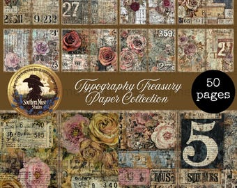 Papel digital com tipografia de rosas vintage, kit para diário de arte, recortes para scrapbook, folhas para colagem floral, fundos envelhecidos, download instantâneo