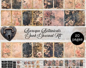 Botanical Junk Journal Kit, Baroque Digital Papers, Scrapbook Embellishments, Floral Collage Sheets, Printable Tags, Vintage Ephemera