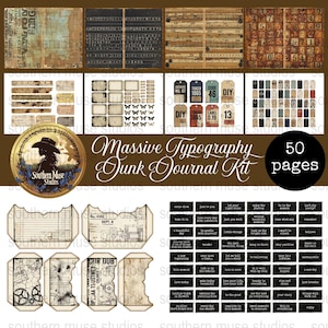 May include: A digital junk journal kit with a vintage aesthetic. The kit includes various paper textures, tags, labels, and ephemera with a typography theme. The kit contains 50 pages. The color palette includes browns, tans, and blacks.