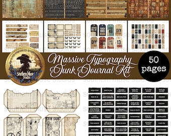 Massive Typography Junk Journal Kit, 50 Digital Pages, Ephemera, Junk Journal Papers, Tags, Pockets, Word Labels, Instant Download