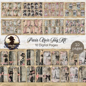 Printable tags, Paris Noir digital tag kit, vintage style journaling and scrapbooking tags with Eiffel Tower, ladies, Parisian motifs