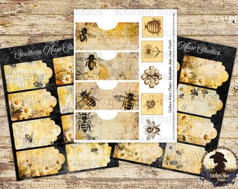 Bumblebee Card Pockets, Daisy Junk Journal Ephemera, Vintage Bee Digital Download, Printable Index Cards, Scrapbook Paper, Honeycomb Theme