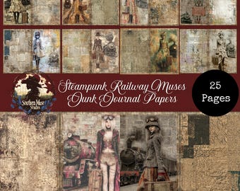 Steampunk Railway Digital Papers, Victorian Ladies Printable, Train Scrapbook, Junk Journal Supplies, Instant Download 25 PDF Pages, grungy