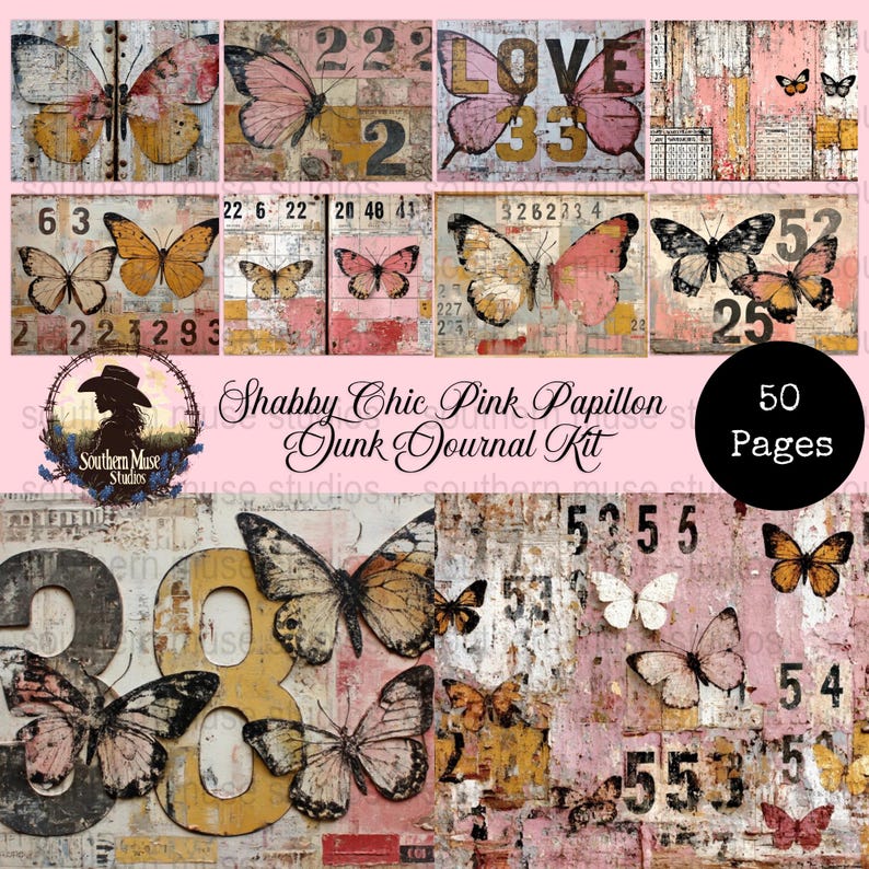 Pink Butterfly Junk Journal Kit, Shabby Chic Digital Paper, Papillon ...