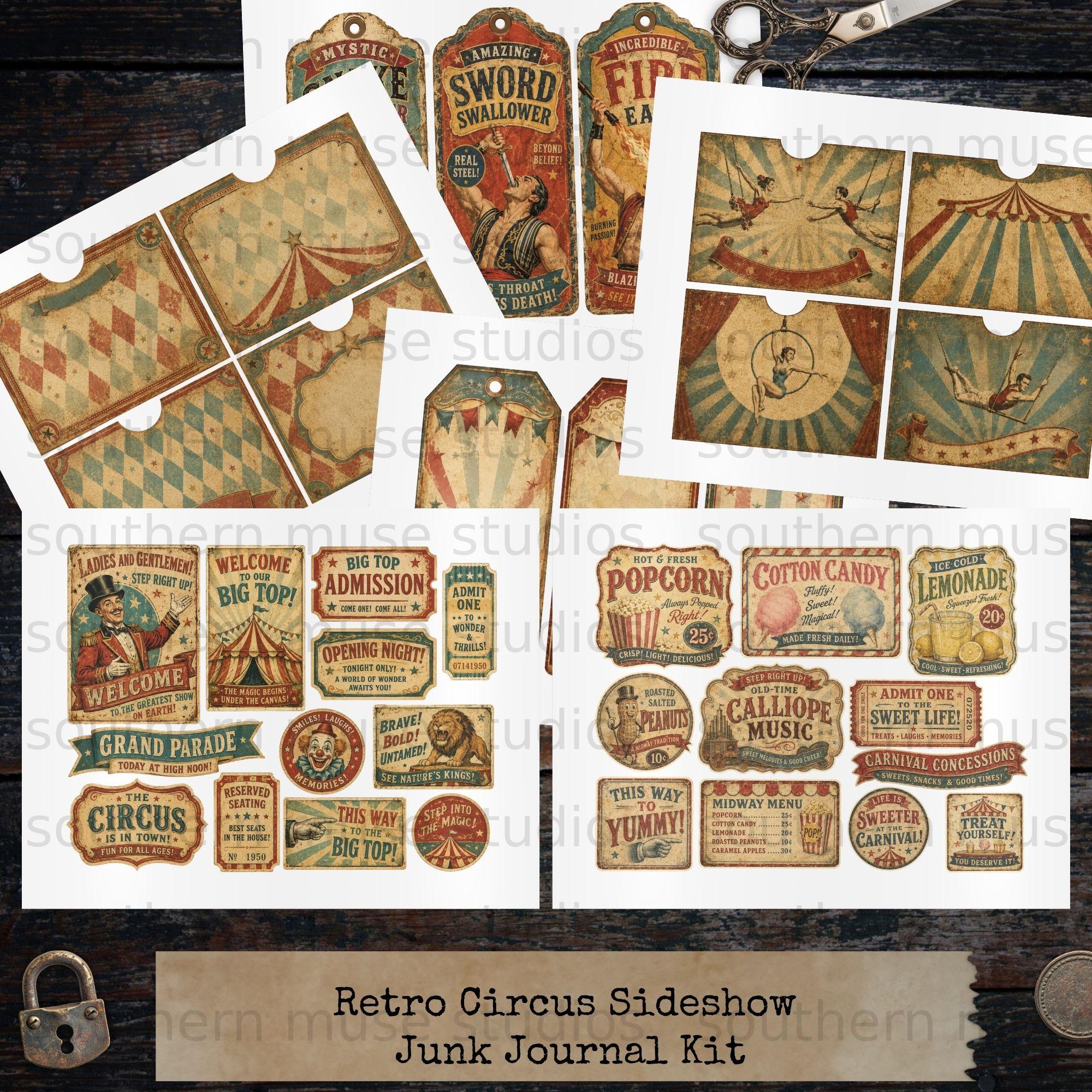 Retro Circus Sideshow Junk Journal Kit, 50 Pages Vintage Ephemera ...
