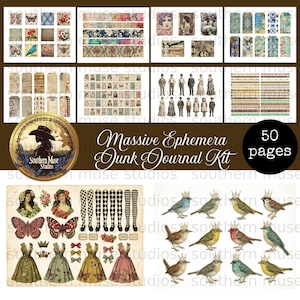 Op de afbeelding: Een verzameling ephemera voor junk journals, met vintage-stijl afbeeldingen van vlinders, vogels, jurken en mensen. De kit bevat decoratief papier, tags en versieringen. De tekst op de afbeelding luidt "Massive Ephemera Junk Journal Kit" en "50 pagina's".