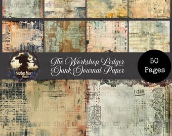 Digital Junk Journal Paper, Ledger Pages, Instant Download, Scrapbooking, Collage Sheet, Vintage Ephemera, 50 Printable PDFs, mixed media