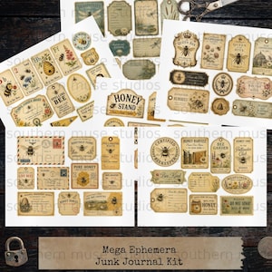 Collage of vintage-style ephemera with bees, honey, and garden themes.