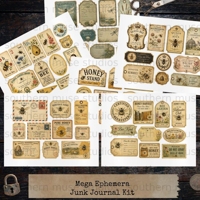 Collage of vintage-style ephemera with bees, honey, and garden themes.