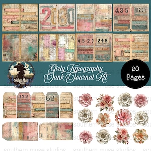 May include: A digital junk journal kit with a vintage aesthetic. The kit includes 20 pages with a variety of designs, including numbers, tags, and floral elements. The colour palette features soft pinks, blues, and beige tones. The text "Girly Typography Junk Journal Kit" is visible.