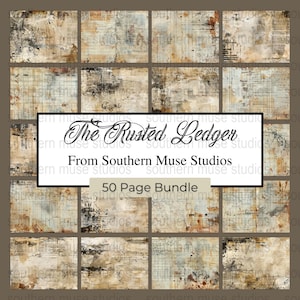 Peut inclure: Un lot d'art numérique de 50 pages de papier de registre vintage avec un aspect vieilli et usé. Les pages présentent un mélange de tons beige, marron et gris, avec du texte manuscrit et des lignes quadrillées. Le texte "The Rusted Ledger" est affiché.