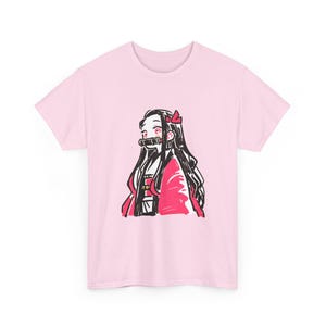May include: A pale pink t-shirt with a hand-drawn illustration of an anime character. The character has long black hair, red eyes, and a red bow. The character is wearing a red and white outfit.