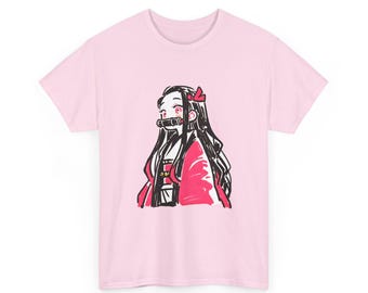 May include: A light pink t-shirt featuring a hand-drawn illustration of an anime character. The character has long black hair, red eyes, and a red bow. The character is wearing a red and white outfit.