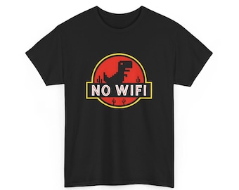 Camiseta unisex "Sin wifi, parodia de dinosaurio jurásico" - Divertida camiseta con meme de internet de dinosaurios - Camiseta gráfica inspirada en el logo retro de la película Jurassic Park