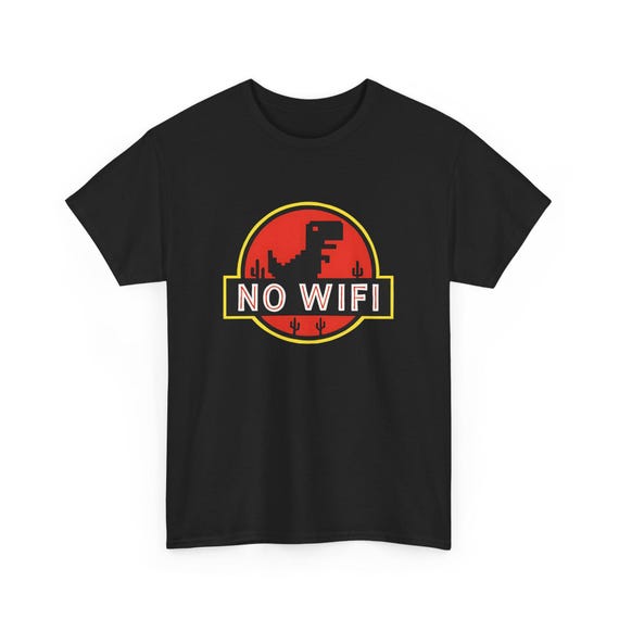 Unisex No Wifi Dino Jurassic Parody Shirt - Funny Dinosaur Internet Meme Tee - Jurassic Retro Movie Logo Inspired Graphic T-Shirt