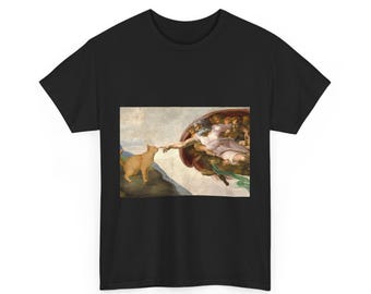 Maglietta unisex con gatto raffigurante la Creazione di Adamo - Parodia di Michelangelo - Meme sui gatti - Maglietta artistica con gatto - Umorismo rinascimentale sugli animali domestici - Regalo per amanti dei gatti - Maglietta in cotone