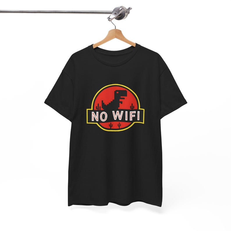 Maglietta unisex "No Wifi Dino Jurassic Parody" - Divertente maglietta con meme di dinosauri su internet - Maglietta grafica ispirata al logo del film Jurassic Retro immagine 7