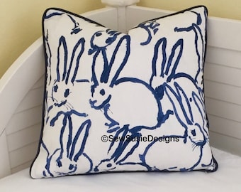 Bunny Hutch Print in Navy Pillow Cover with Choice of Piping Color,Hunt Slonem, Double Sided