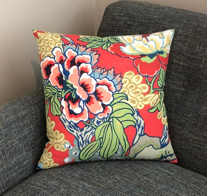 Euro Double Sided Square Thibaut Honshu in Coral and Green Designer Pillow Cover with or without Piping Shams and Lumbar Sizes