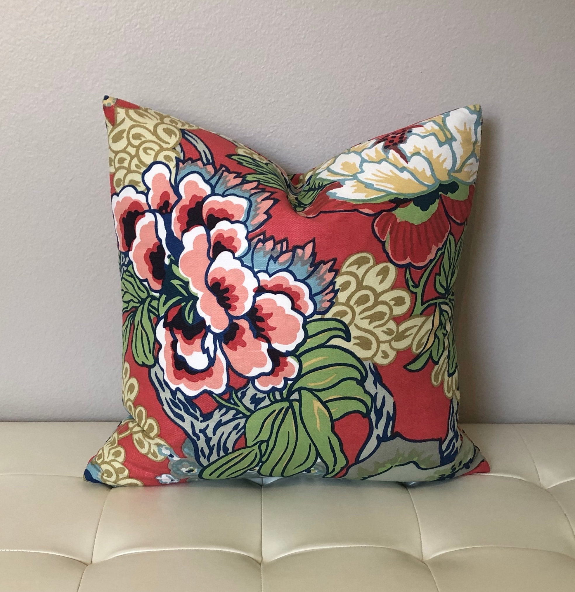 Thibaut Honshu In Coral And Green Designer Pillow Cover With Etsy