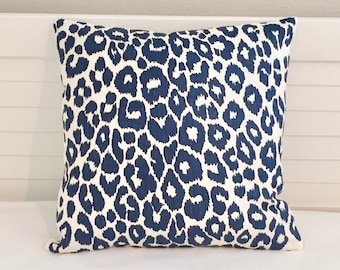 Schumacher Iconic Leopard Pillow Cover: Navy Blue Linen, Double Sided