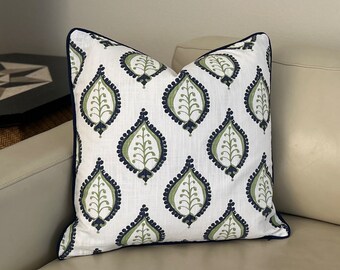 Paisley Medallion in Navy and Grass Green Designer Pillow Cover  with Navy Piping, 18x18