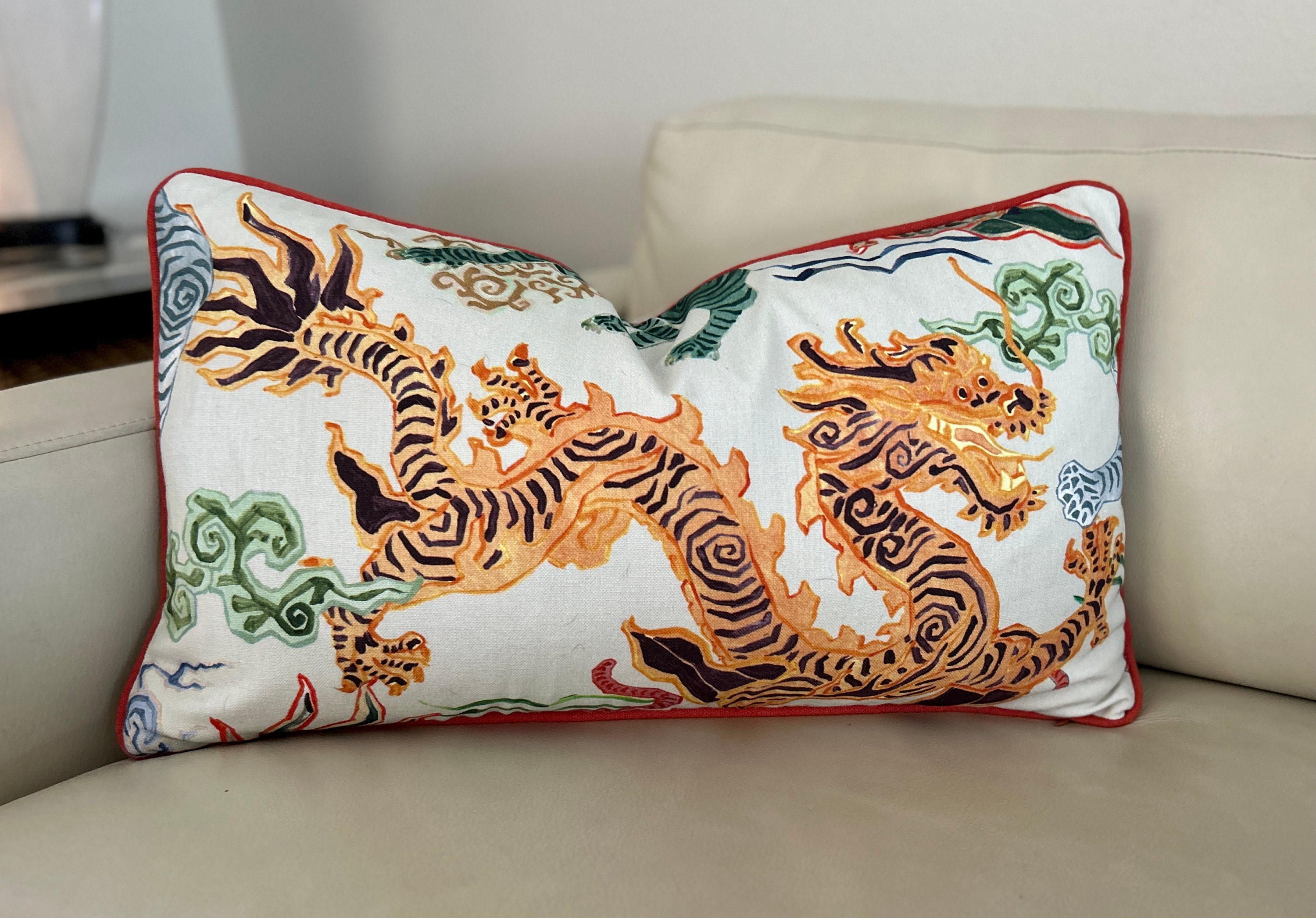 Himalaya Dragon and Tiger Designer Pillow Cover with Burnt Orange Piping, 14x24